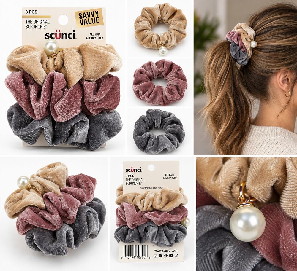 Scünci The Original Scrunchie 3-Piece Velvet Hair Tie Set – Neutral Colors
